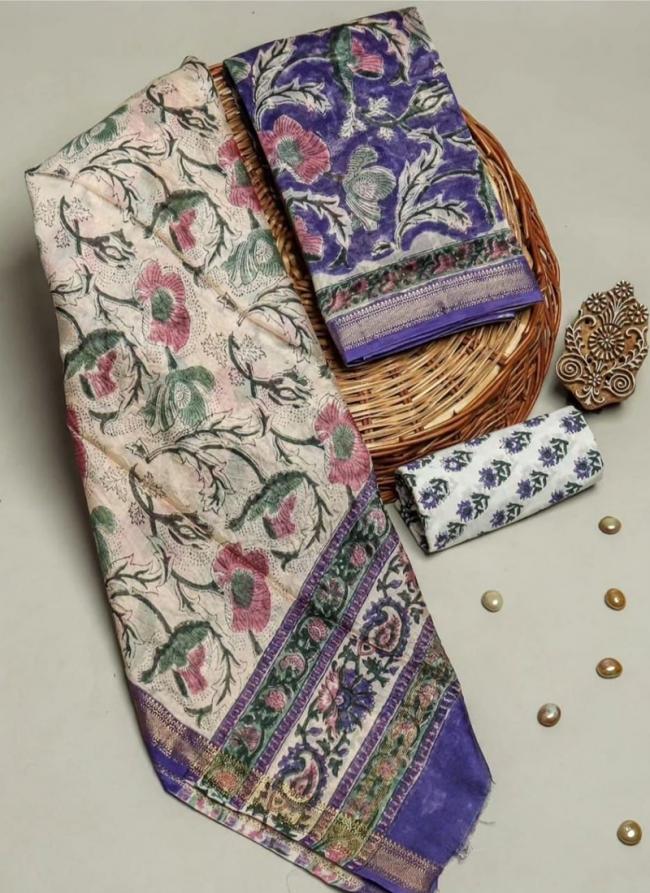Maheshwari Silk Lavender Festival Wear Block Printed Dress Material